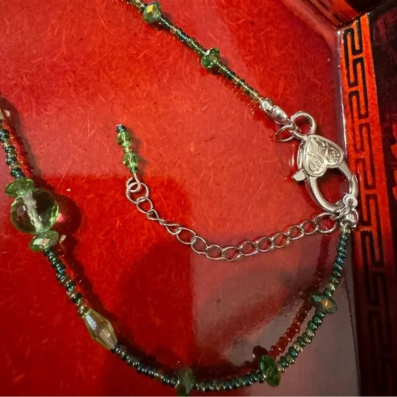 Artisan Beaded Murano Glass Pendant Green & Silver Swirl Design All Glass Beads - Picture 5 of 9